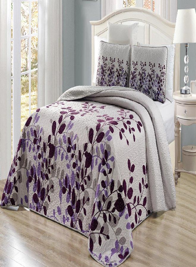 Grand Linen 3-Piece Fine Printed Oversize (100" X 95") Fresca Quilt Set Reversible Bedspread Coverlet Queen Size Bed Cover (Purple, Grey, Vine) - Image 4