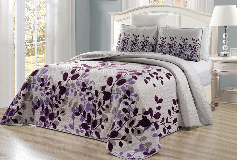 Grand Linen 3-Piece Fine Printed Oversize (100" X 95") Fresca Quilt Set Reversible Bedspread Coverlet Queen Size Bed Cover (Purple, Grey, Vine) - Image 1