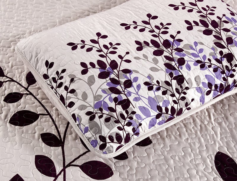 Grand Linen 3-Piece Fine Printed Oversize (100" X 95") Fresca Quilt Set Reversible Bedspread Coverlet Queen Size Bed Cover (Purple, Grey, Vine) - Image 2