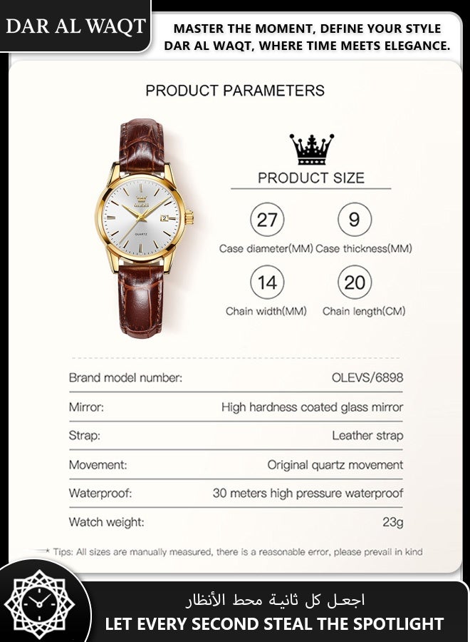أوليفز ساعة نسائية أنيقة من OLEVS – حزام جلد بني، علبة ذهبية، قرص أبيض، مقاومة للماء - Image 4