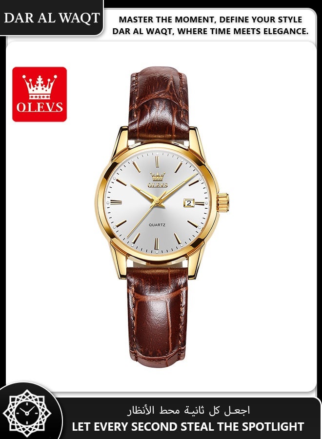أوليفز ساعة نسائية أنيقة من OLEVS – حزام جلد بني، علبة ذهبية، قرص أبيض، مقاومة للماء - Image 1
