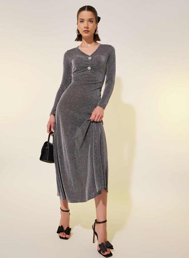 Take Two Texture Embellished V-Neck Midi Dress - Image 1