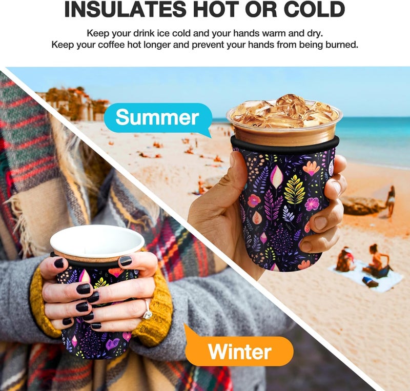 KPX Iced Coffee Cup Sleeve for Large Sized Cups, Reusable Neoprene Iced Coffee Cup Holder for Hot Cold Drinks, Compatible with Starbucks, Dunkin Donuts, and More (Purple Leave) - Image 4