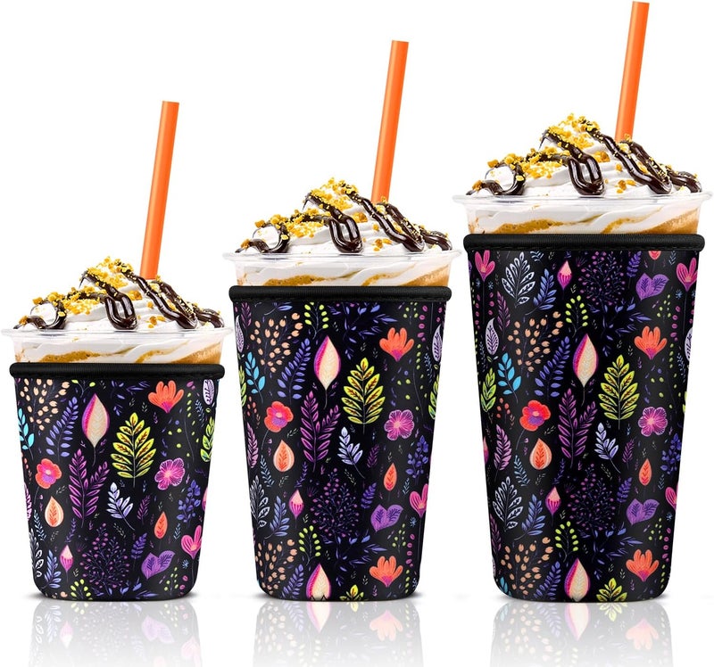 KPX Iced Coffee Cup Sleeve for Large Sized Cups, Reusable Neoprene Iced Coffee Cup Holder for Hot Cold Drinks, Compatible with Starbucks, Dunkin Donuts, and More (Purple Leave) - Image 1