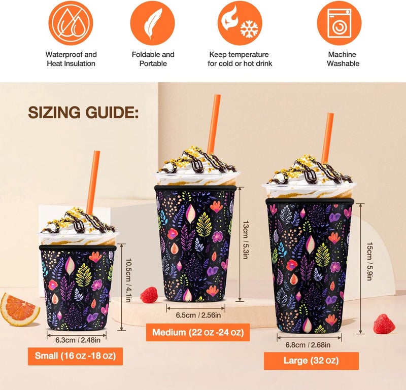 KPX Iced Coffee Cup Sleeve for Large Sized Cups, Reusable Neoprene Iced Coffee Cup Holder for Hot Cold Drinks, Compatible with Starbucks, Dunkin Donuts, and More (Purple Leave) - Image 2