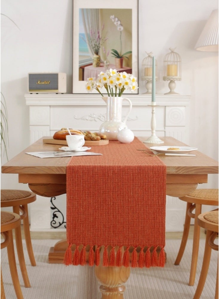 مفرش طاولة ريفي مقاس 33×275 سم مع شرابات، مفرش طاولة من الكتان على طراز مزرعة بوهو، مفرش طاولة قهوة لحفلات العطلات وعيد الشكر وديكور الطعام وديكور الخزانة، لون سادة (برتقالي) - Image 3