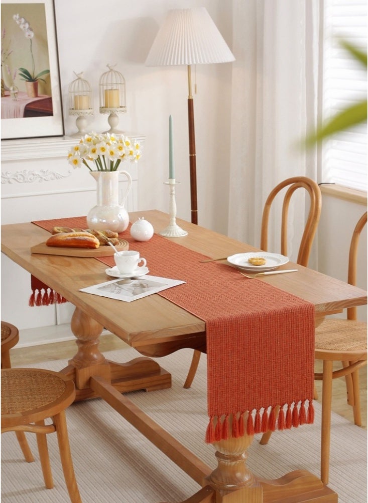 مفرش طاولة ريفي مقاس 33×275 سم مع شرابات، مفرش طاولة من الكتان على طراز مزرعة بوهو، مفرش طاولة قهوة لحفلات العطلات وعيد الشكر وديكور الطعام وديكور الخزانة، لون سادة (برتقالي) - Image 1