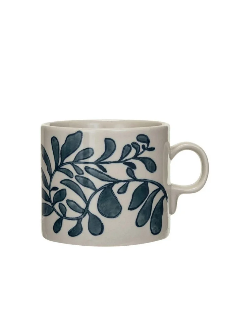 The Saffron Souk 14 oz. Hand-Painted Stoneware Mug with Abstract Design - Blue