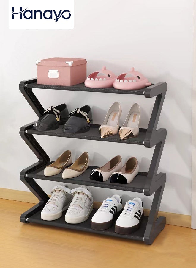 Hanayo Shoe Rack Organizer Free Standing Z-Type Shoe Rack 4-Tier Metal Shoe Shelf Storage Small Free Standing Shoe Organizer 8 Pairs Shoe Storage Shelf for Closet Entryway Hallway Bedroom(Black) - Image 1