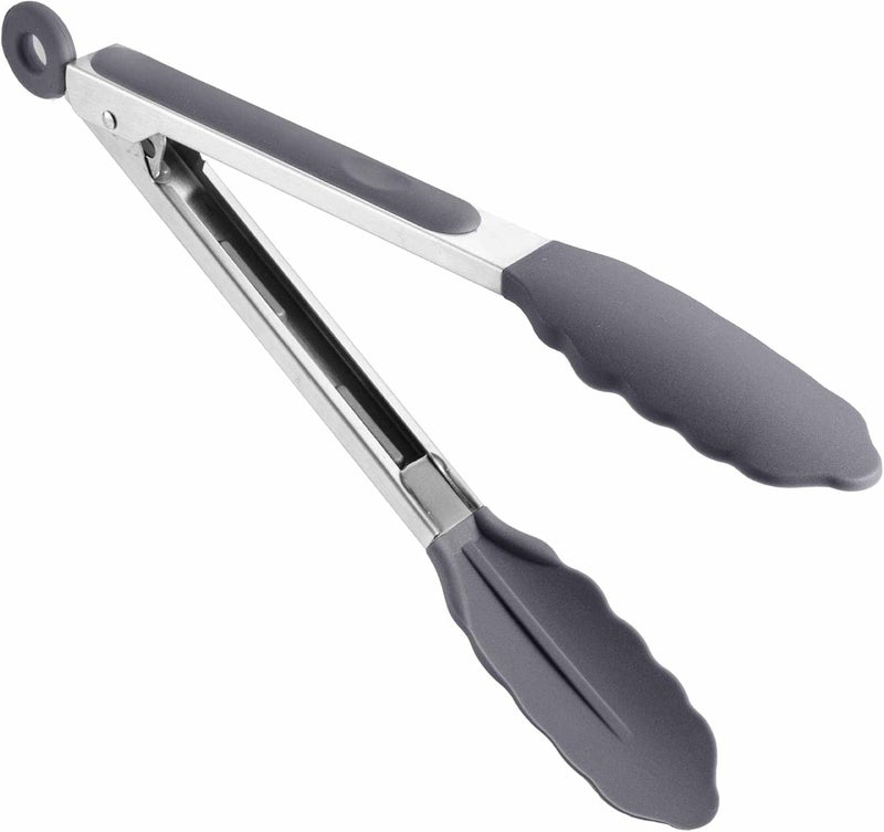 NowExp NowExp Steel and Silicone Food Tongs for Kitchen Barbeque and Serving 9 Inch HeatResistant Premium Silicone Grip Locking Clip NonSlip Tips Pack of 1 Grey - Image 1