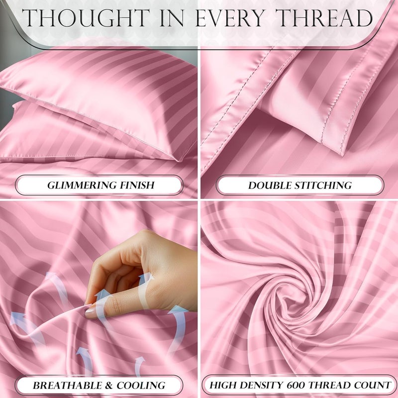 DECOLURE Striped Satin Sheets Set King 4pc - Comfy Luxury Silk Feel Satin Sheets King - Elegant Silky Soft King Size Satin Bed Sheets Hypoallergenic Wrinkle-Free Satin Sheets with Deep Pocket (Pink) - Image 3