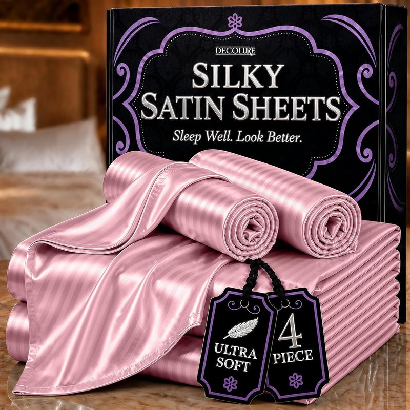 DECOLURE Striped Satin Sheets Set King 4pc - Comfy Luxury Silk Feel Satin Sheets King - Elegant Silky Soft King Size Satin Bed Sheets Hypoallergenic Wrinkle-Free Satin Sheets with Deep Pocket (Pink) - Image 1