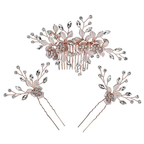 Beautiful Floral Rose Gold Wedding Hair Comb With Clear Crystal Side Bridal Comb with 2 Hair Pins Hair Sticks