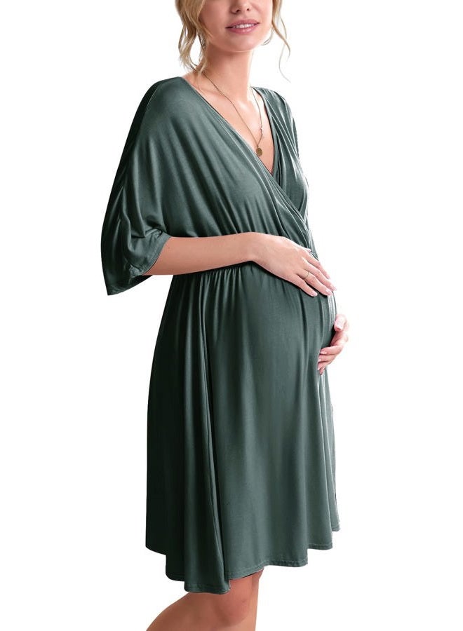 Ekouaer 3 in 1 Labor/Delivery/Hospital Gown Maternity Dress Nursing Nightgown Sleepwear for Breastfeeding Dark Green Large) - Image 1