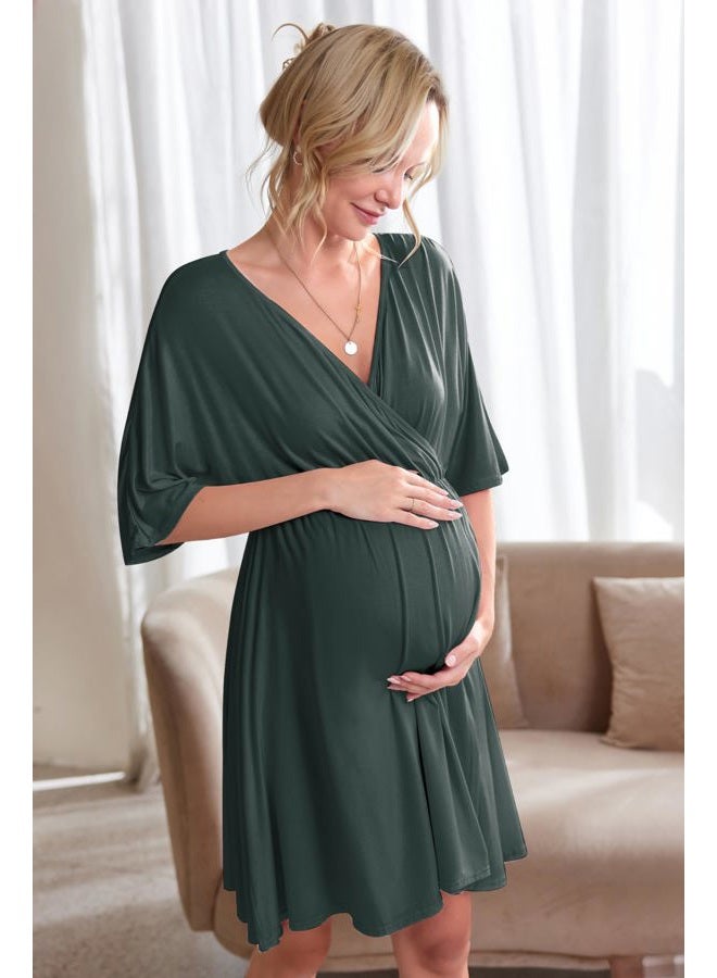 Ekouaer 3 in 1 Labor/Delivery/Hospital Gown Maternity Dress Nursing Nightgown Sleepwear for Breastfeeding Dark Green Large) - Image 4