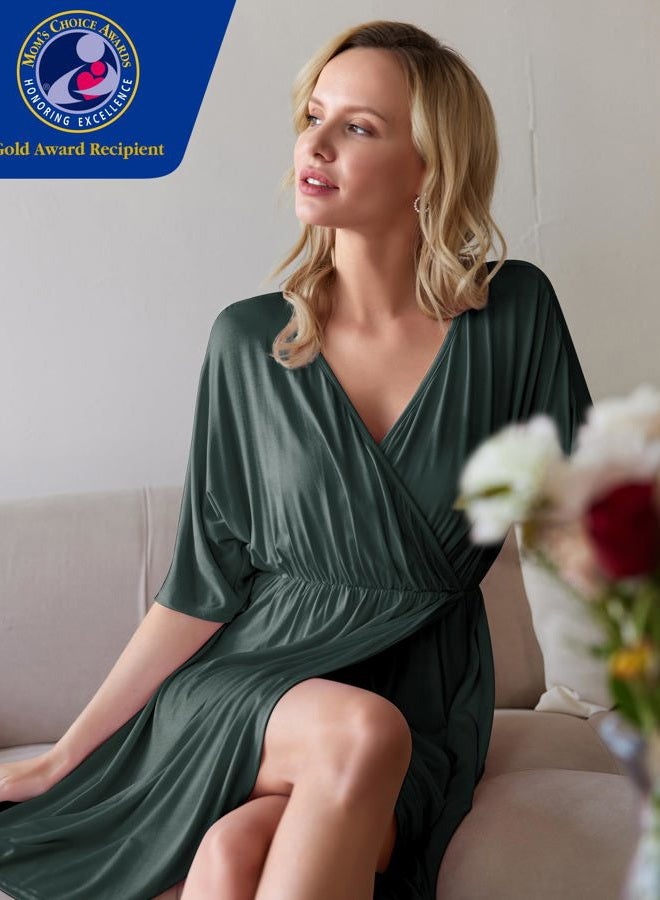 Ekouaer 3 in 1 Labor/Delivery/Hospital Gown Maternity Dress Nursing Nightgown Sleepwear for Breastfeeding Dark Green Large) - Image 2