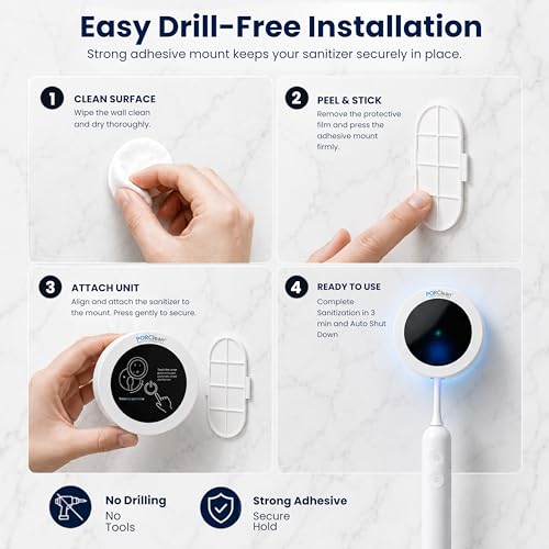 PORClean UV Toothbrush Sanitizer Holder with UVA+UVC, Wall Mounted & Portable, Antibacterial Dispenser, Toothbrush Holders for Bathroom Wall, Brush Holder for Oral Care, Rechargeable - 2 Qty - Image 5