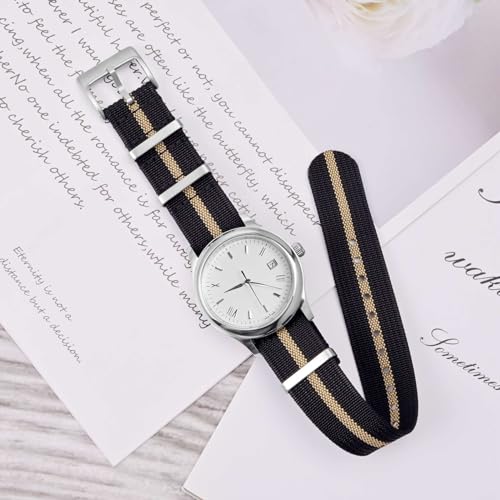 ANNEFIT Nylon Watch Band 20mm OnePiece Waterproof Military Watch Straps with Heavy Silver Buckle BlackKhaki - Image 3
