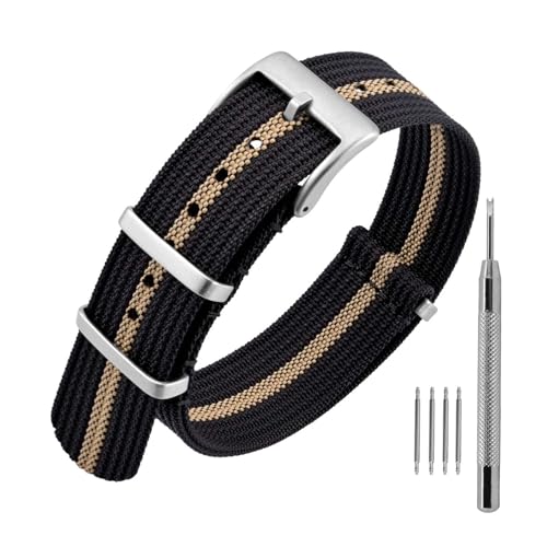 ANNEFIT Nylon Watch Band 20mm OnePiece Waterproof Military Watch Straps with Heavy Silver Buckle BlackKhaki - Image 1