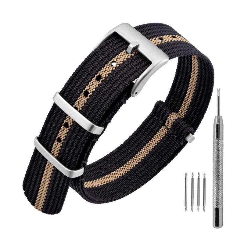 ANNEFIT Nylon Watch Band 20mm OnePiece Waterproof Military Watch Straps with Heavy Silver Buckle BlackKhaki - Image 2
