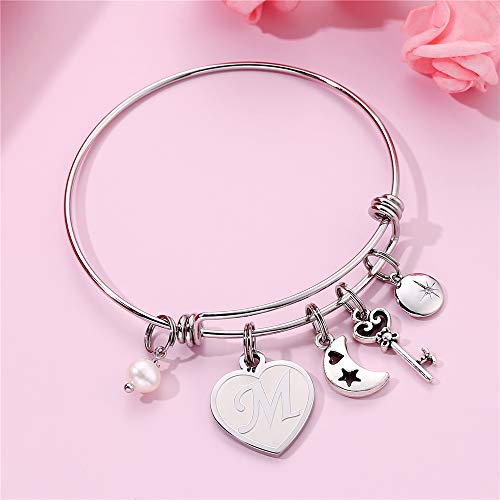 M MOOHAM Bracelet For Women Initial Gifts - M Initial Charm Bracelets Stainless Steel Heart Moon Charm 26 Letters Alphabet Bracelet Jewelry Birthday Gifts for Adult Women Teens Girl Flower Girls Wedding Gifts - Image 3