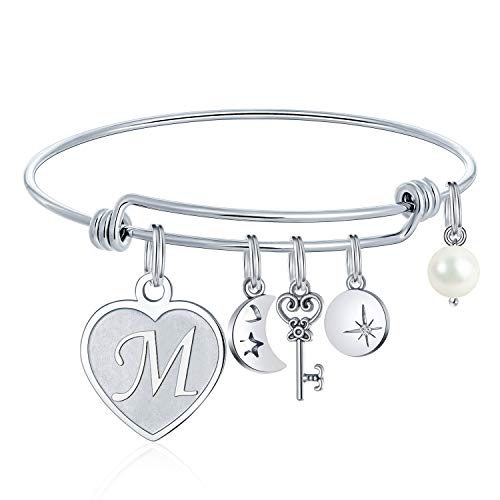 M MOOHAM Bracelet For Women Initial Gifts - M Initial Charm Bracelets Stainless Steel Heart Moon Charm 26 Letters Alphabet Bracelet Jewelry Birthday Gifts for Adult Women Teens Girl Flower Girls Wedding Gifts - Image 1