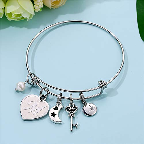 M MOOHAM Bracelet For Women Initial Gifts - M Initial Charm Bracelets Stainless Steel Heart Moon Charm 26 Letters Alphabet Bracelet Jewelry Birthday Gifts for Adult Women Teens Girl Flower Girls Wedding Gifts - Image 2