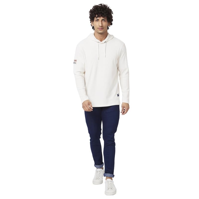 Spykar Men Off White Blended Slim Fit Full Sleeve Hooded Plain Tshirt - Image 2
