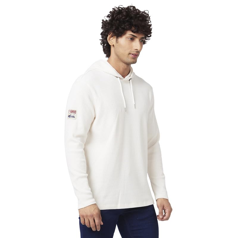 Spykar Men Off White Blended Slim Fit Full Sleeve Hooded Plain Tshirt - Image 4