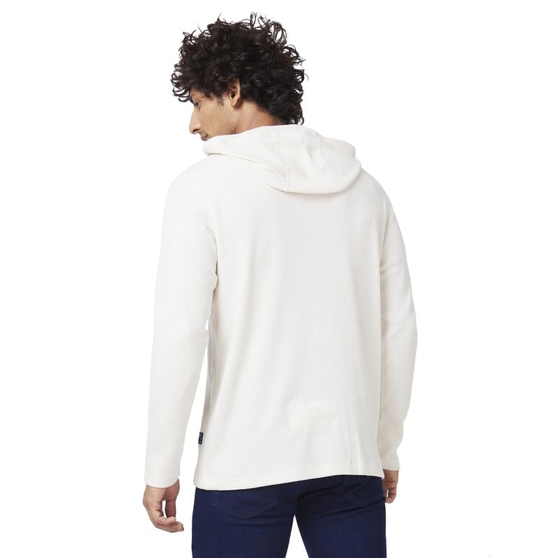 Spykar Men Off White Blended Slim Fit Full Sleeve Hooded Plain Tshirt - Image 3