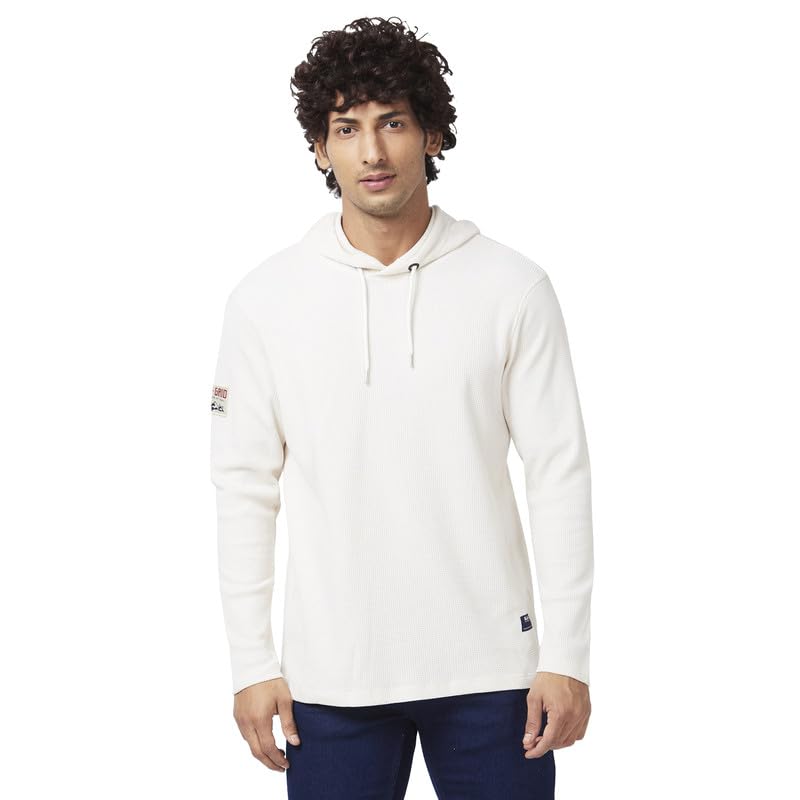 Spykar Men Off White Blended Slim Fit Full Sleeve Hooded Plain Tshirt - Image 1