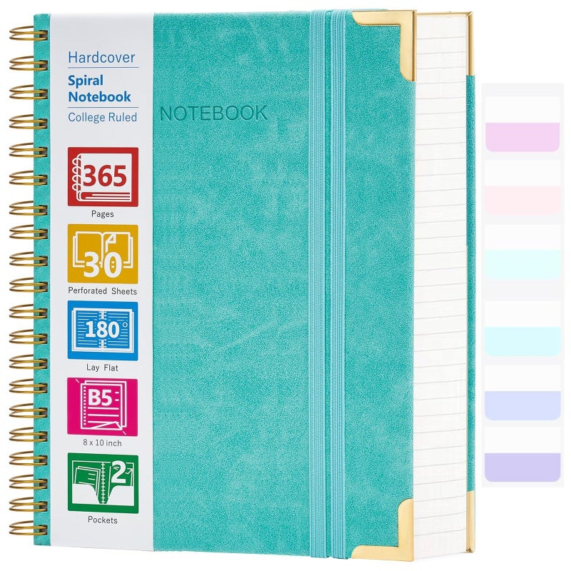 Amanple Spiral Notebook, 365 Page Hardcover Leather Notebook Journal, Large B5 Lined Journal for Women Men, College Ruled Notebooks for Work School, Journals for Writing, 24pcs Index Tabs, 8" x 10", Teal - Image 1