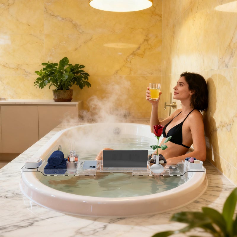 Yieach Luxury Clear Bathtub Shelf Across Tub,Expandable Plastic Bathtub Tray Over The Tub Bath Caddy,Free Standing Bath Table Board & Accessories for Women Relaxing with Reading Book and Ipad Holder - Image 2