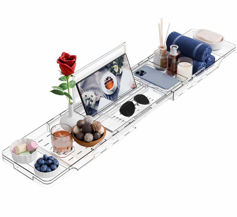 Yieach Luxury Clear Bathtub Shelf Across Tub,Expandable Plastic Bathtub Tray Over The Tub Bath Caddy,Free Standing Bath Table Board & Accessories for Women Relaxing with Reading Book and Ipad Holder - Image 1