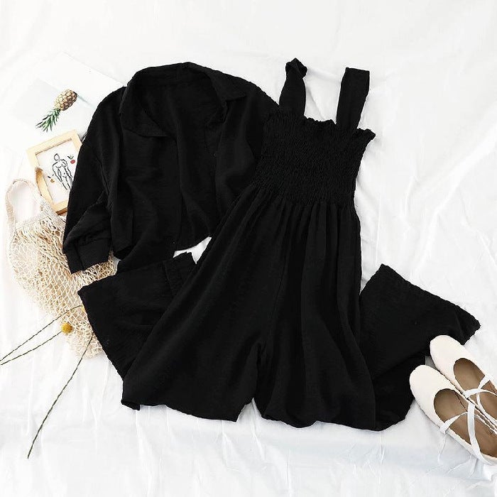 Korean style jumpsuit fashion suit womens new summer coat sun protection clothing loose sling jumpsuit two-piece suit fashion Blue  - Image 2