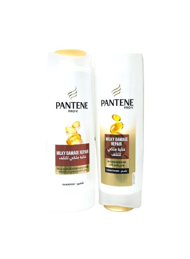 Pantene Milky Damage Repair Shampoo & Conditioner, Heals Damage and Fights Split Ends,Shampoo 390ml-Conditioner 360ml
