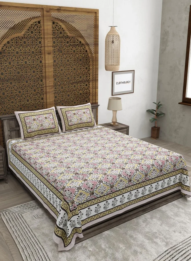 CLOTHOLOGY CLOTHOLOGY Pink & Brown Floral Printed 180TC Pure Cotton King Bedsheet Set