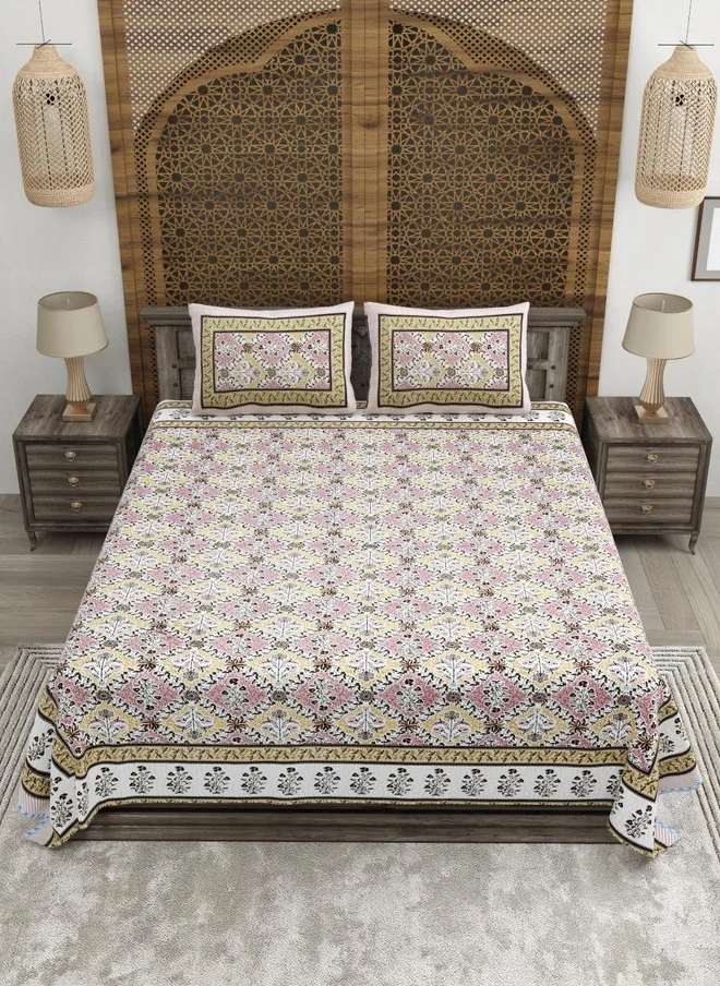 CLOTHOLOGY CLOTHOLOGY Pink & Brown Floral Printed 180TC Pure Cotton King Bedsheet Set