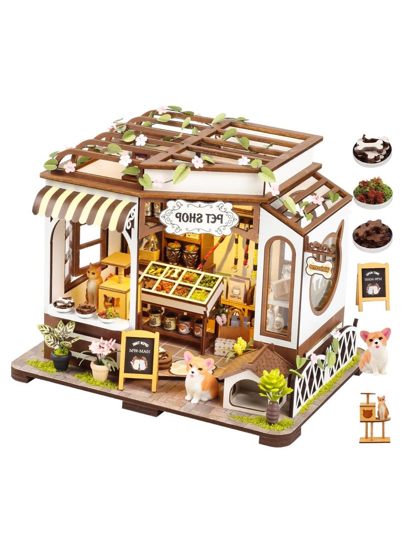عام DIY مصغر مجموعة منزل، متجر حيوانات أليفة صغير مع أثاث مصغر وأضواء LED، مجموعة نموذج حرفي ثلاثية الأبعاد من الخشب للبالغين والمراهقين للبناء، ديكور منزلي، هدية لعيد الميلاد، منزل دمى للأصدقاء والعائلة. - Image 1