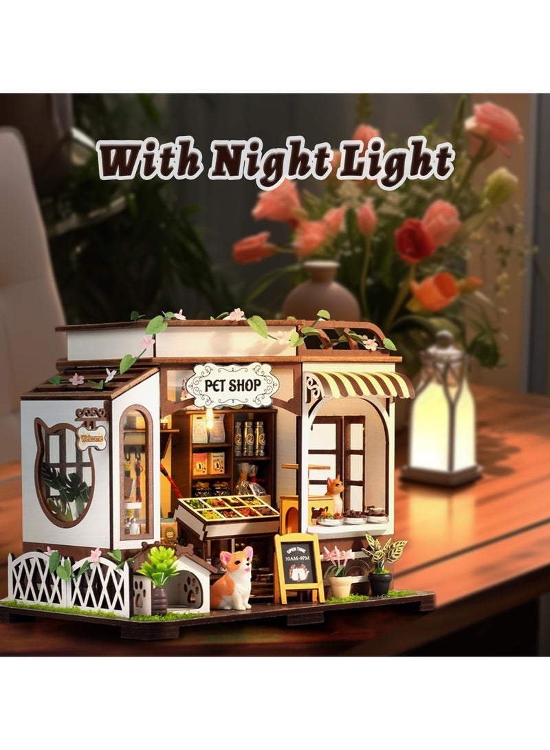 عام DIY مصغر مجموعة منزل، متجر حيوانات أليفة صغير مع أثاث مصغر وأضواء LED، مجموعة نموذج حرفي ثلاثية الأبعاد من الخشب للبالغين والمراهقين للبناء، ديكور منزلي، هدية لعيد الميلاد، منزل دمى للأصدقاء والعائلة. - Image 2