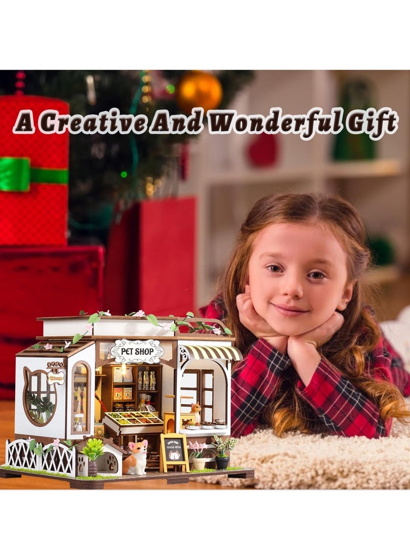 عام DIY مصغر مجموعة منزل، متجر حيوانات أليفة صغير مع أثاث مصغر وأضواء LED، مجموعة نموذج حرفي ثلاثية الأبعاد من الخشب للبالغين والمراهقين للبناء، ديكور منزلي، هدية لعيد الميلاد، منزل دمى للأصدقاء والعائلة. - Image 3