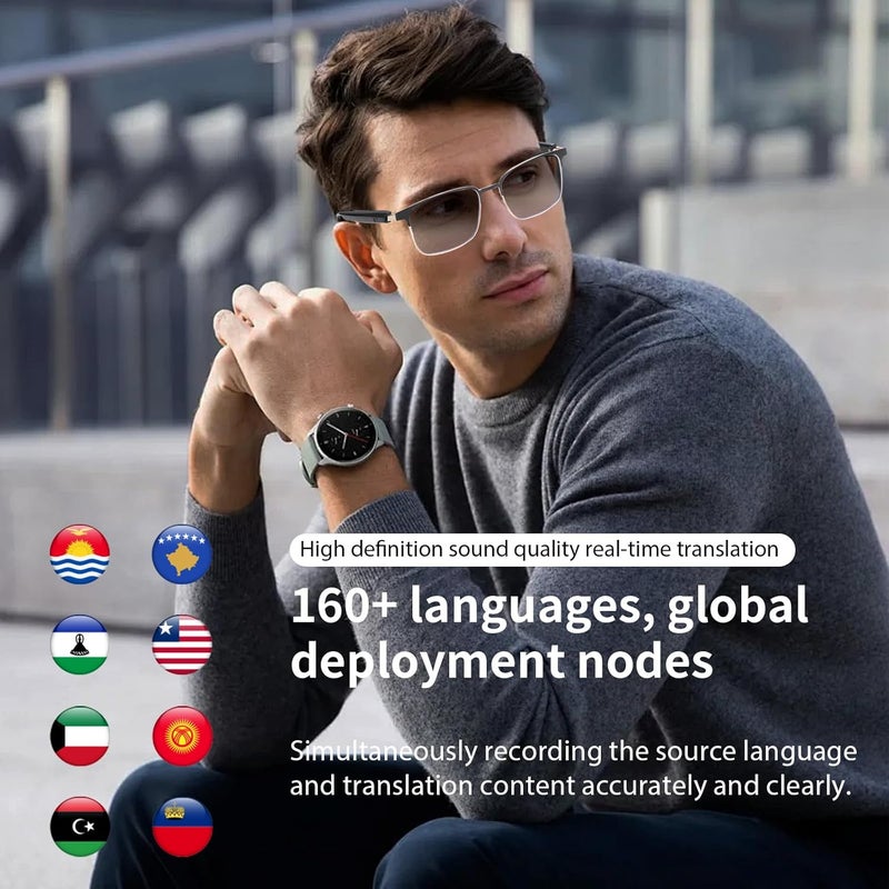 Tulbeys نظارات ذكية مع مترجم ذكاء اصطناعي، نظارات ترجمة فورية مستقطبة، عدسات فوتوكرومية مع ترجمة فورية، مترجم لغة للرجال والنساء يدعم أكثر من 160 لغة (فضي) - Image 3