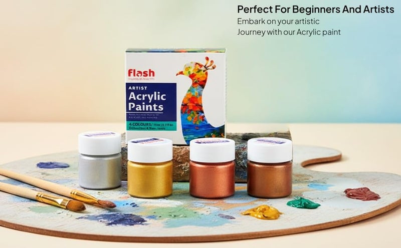 Flash Metallic Acrylic Colour Set | 4 Metallic Shades Set | 15 ml, 0.5 fl oz Each | High Pigment Strength | Non Fading | Indoor/Outdoor | Non Toxic | Multi-Surface Paint | Pro Artist, Hobby Painters & Kid - Image 3