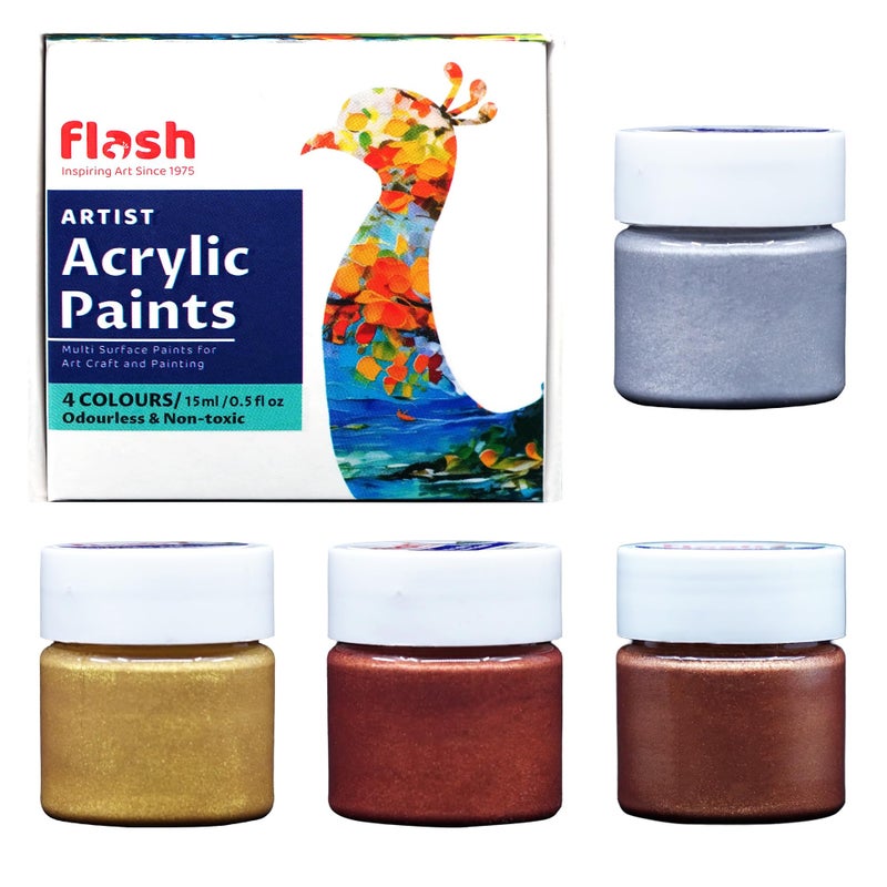 Flash Metallic Acrylic Colour Set | 4 Metallic Shades Set | 15 ml, 0.5 fl oz Each | High Pigment Strength | Non Fading | Indoor/Outdoor | Non Toxic | Multi-Surface Paint | Pro Artist, Hobby Painters & Kid - Image 5