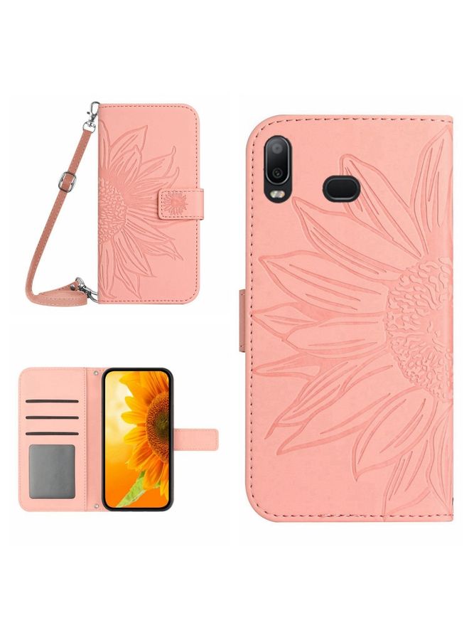 BGM Case Cover For Samsung Galaxy A10S/M01S Skin Feel Sun Flower Pattern Flip Leather Phone Case with Lanyard Pink