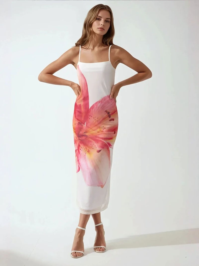 HICCUP Square Collar Bodycon Dress with Floral Print - Image 1