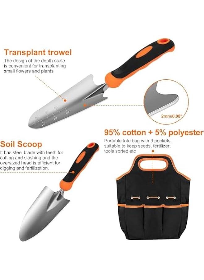 HOOKOR - Garden Tool Set, Stainless Steel Heavy Duty Gardening Tool Set, with Non-Slip Rubber Grip, Storage Tote Bag, Outdoor Hand Tools, Ideal Garden Tool Kit Gifts for Women and Men - Image 1