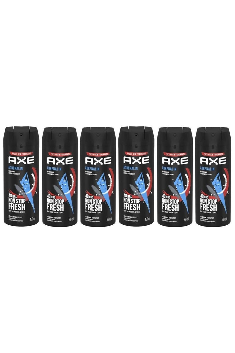 Axe Adrenalin Mandarin and Sandalwood Scent Body Deodorant Spray Pack of 6
