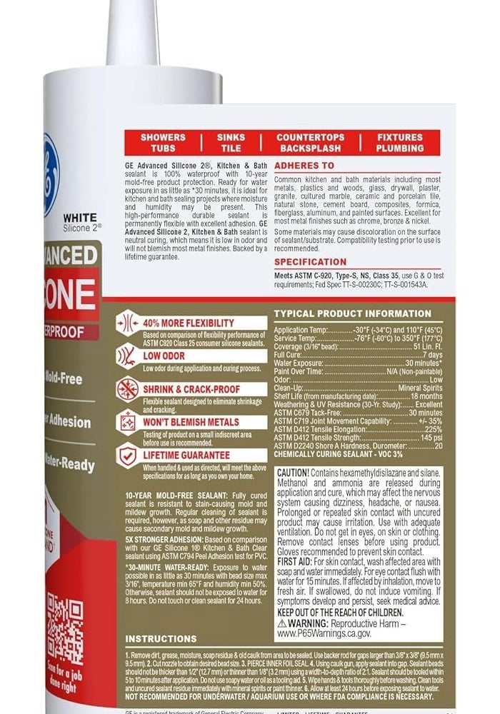 GE Advanced Silicone Caulk for Kitchen & Bathroom - 100% Waterproof Sealant, 5X Stronger Adhesion, 10 oz Cartridge, White - Image 2