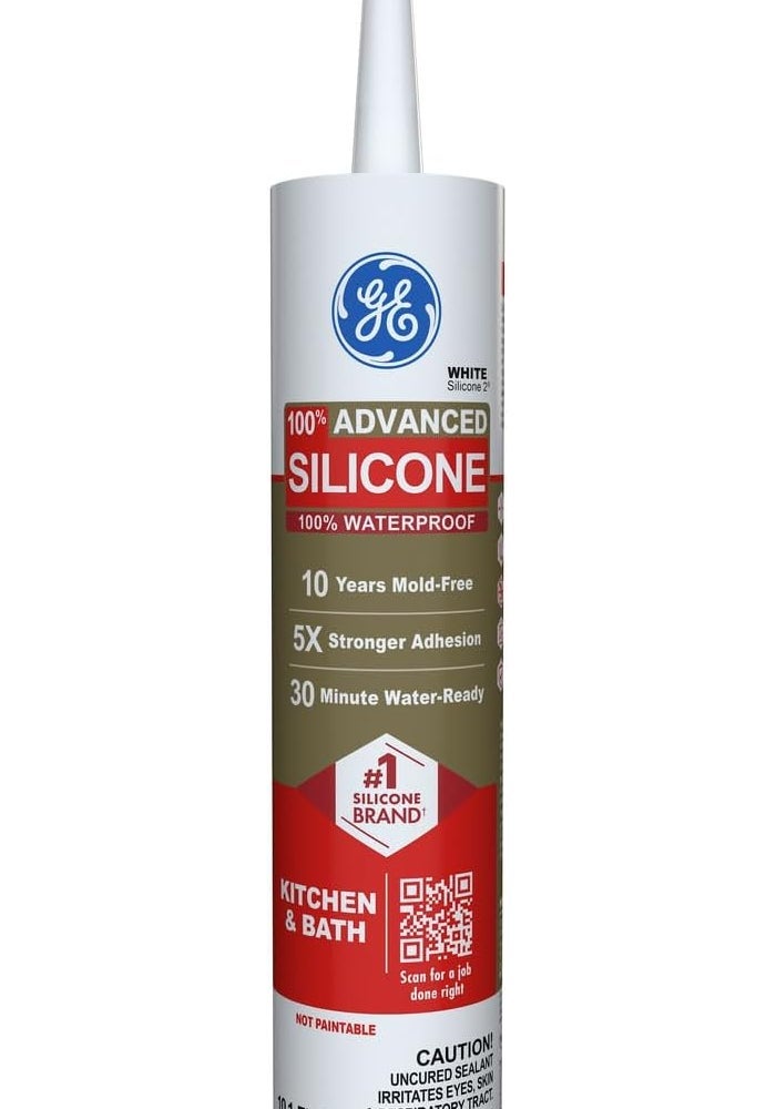 GE Advanced Silicone Caulk for Kitchen & Bathroom - 100% Waterproof Sealant, 5X Stronger Adhesion, 10 oz Cartridge, White - Image 1